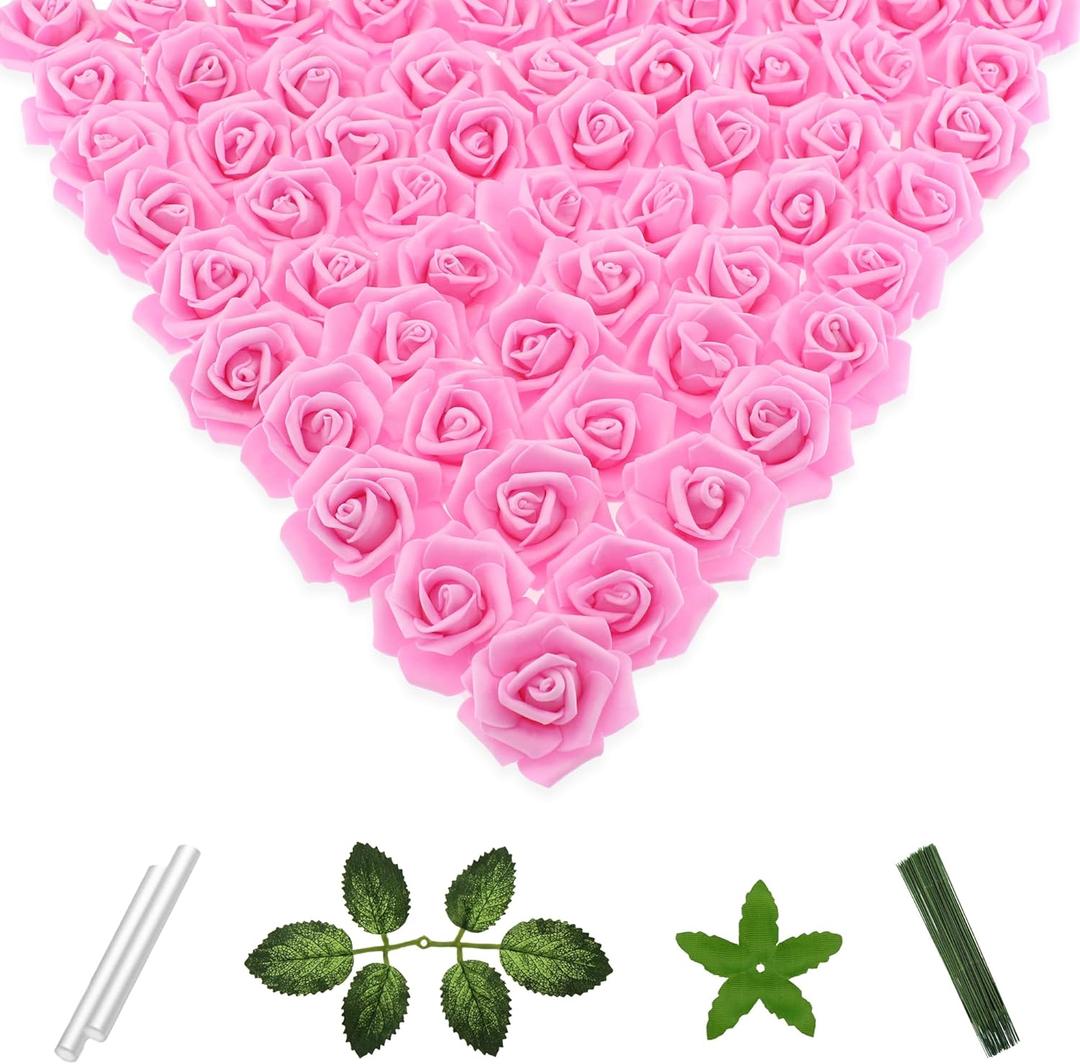 100 Pcs 2 Inch Artificial Flowers Faux Foam Fake Rose Head Bulk for Home Decor Wedding Decoration Bridal Shower Wall Table Centerpiece Arrangement DIY Craft (Pink)