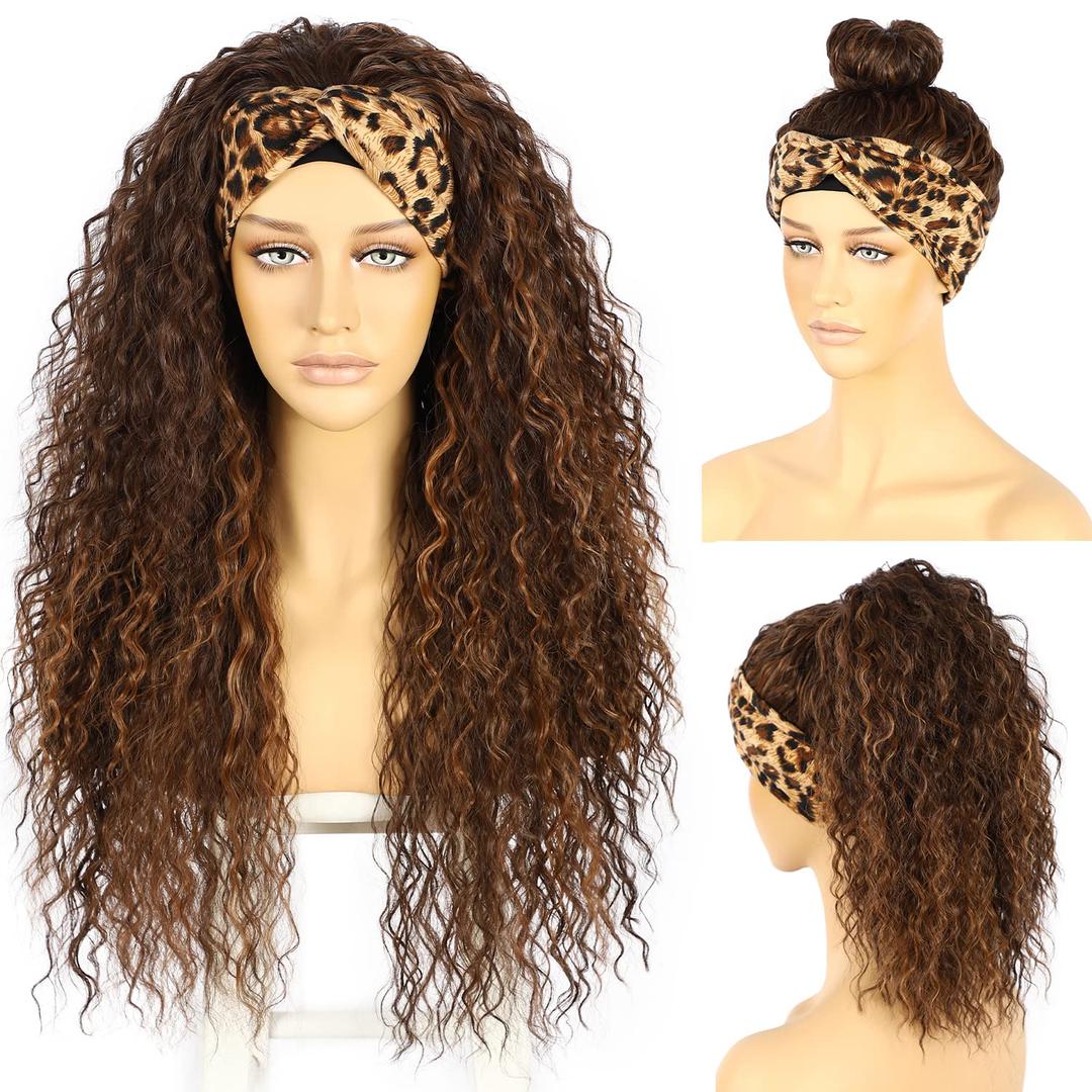 Curly Headband Wig For Black Women Natural Brown Hightlight Headbands Wigs Brown Curly Headband Wig Machine Made Wigs 150% Density 26 Inch