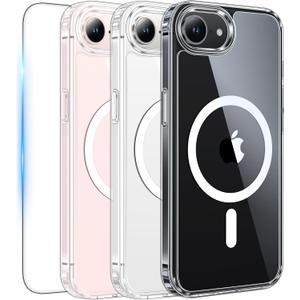 FNTCASE for iPhone 17e & iPhone 16e Case Clear: Magnetic Cases with 1 Pack Screen Protector Compatible with Magsafe Anti Yellowing Shockproof Protective Transparent Cell Phone Cover (A-Clear)