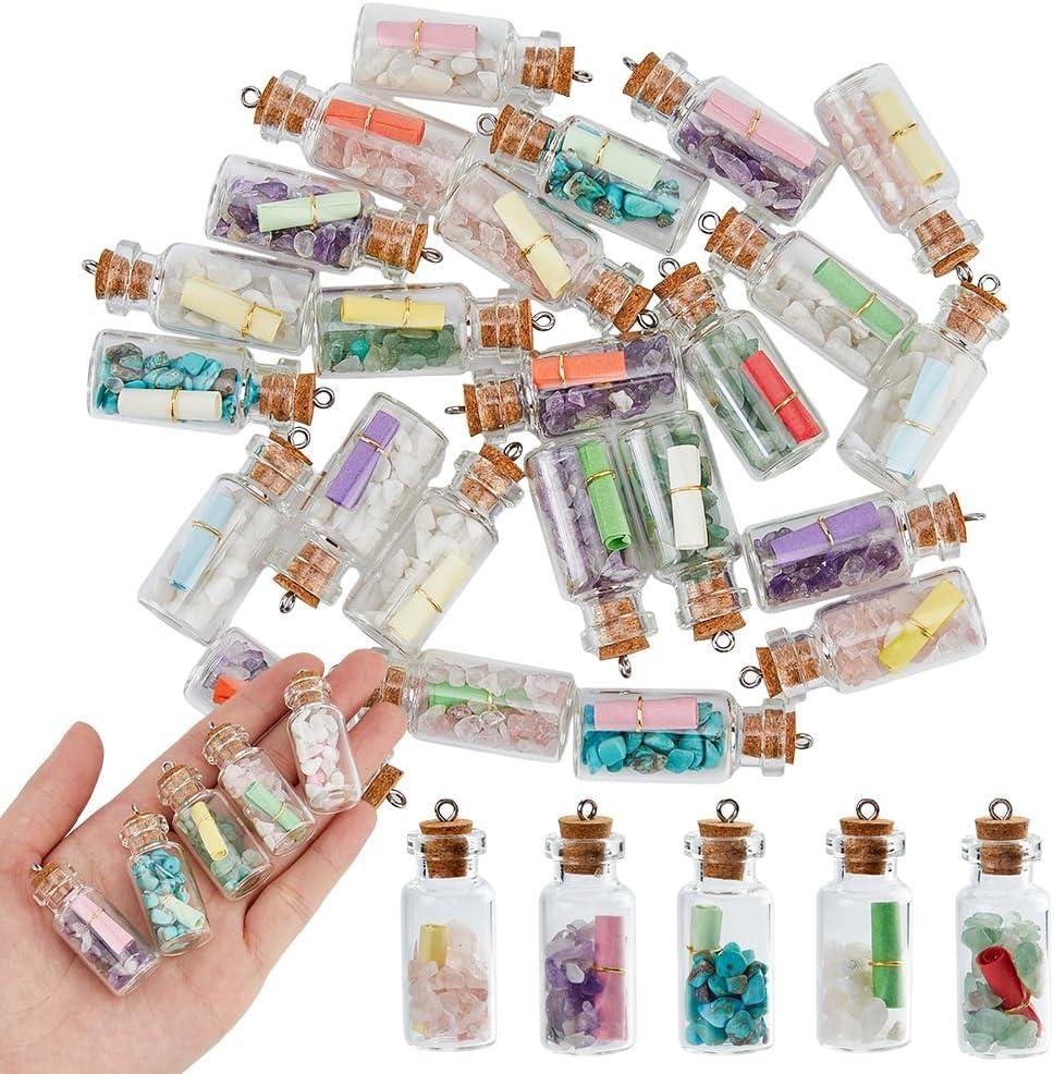 DICOSMETIC 24Pcs Wishing Bottle Charms Mini Glass Bottle Charms with Colorful Natural Gemstone Chips Gemstone-filled Glass Bottles Necklace Charm for Jewlery Making Gifts