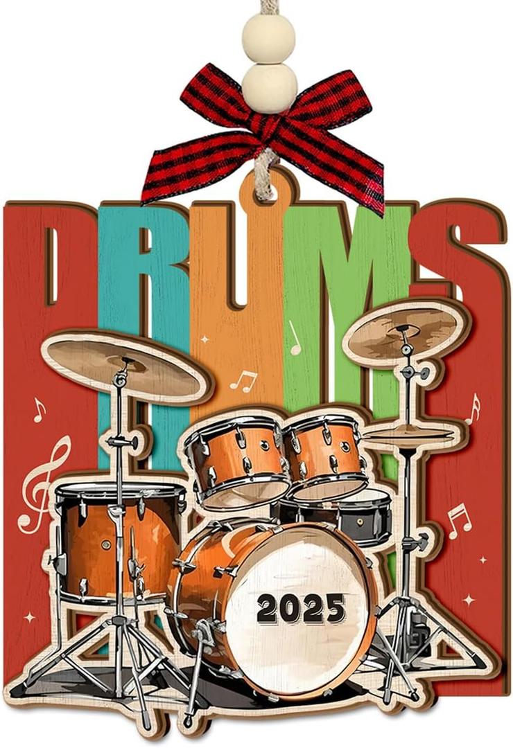 5 x Drum Christmas Ornament 2025 - Drummer Gifts for Men, Women, Wooden Musical Instrument Ornaments for Christmas Tree Decorations - Drumming Gifts for Player, Band, Musicians, Music Lover Gift Ideas