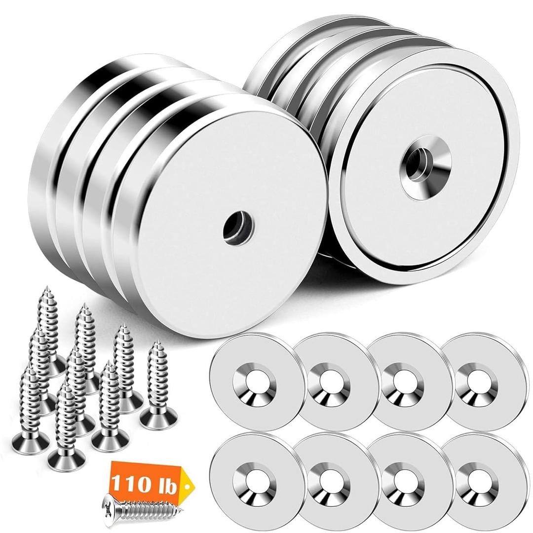 DIYMAG 8 Pcs Neodymium Round Base Cup Magnet,110LBS Strong Rare Earth Magnets with Heavy Duty Countersunk Hole,Stainless Screws,Iron Sheet for Refrigerator Magnetic,Office,Etc-Dia 1.26 Inch-Pack of 8 (Silver)