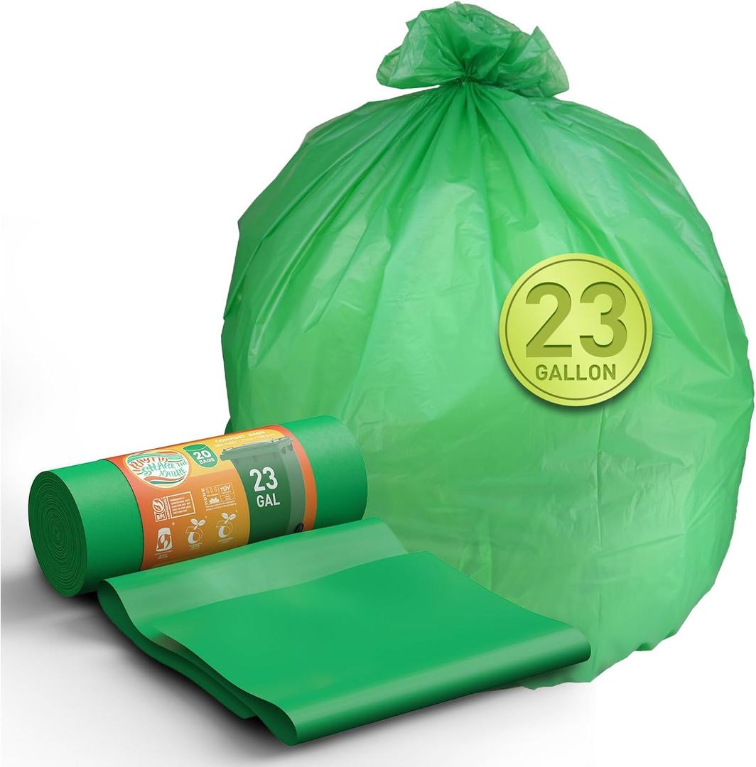 Compostable Trash Bags 23 gallon Large Garbage Bags, 20 Count, Fits13-25 gallon trash can, Extra Strong and Durable, Compostable Lawn & Leaf Yard Waste bags, ASTM D6400, Bpi &OK compost HOME certified