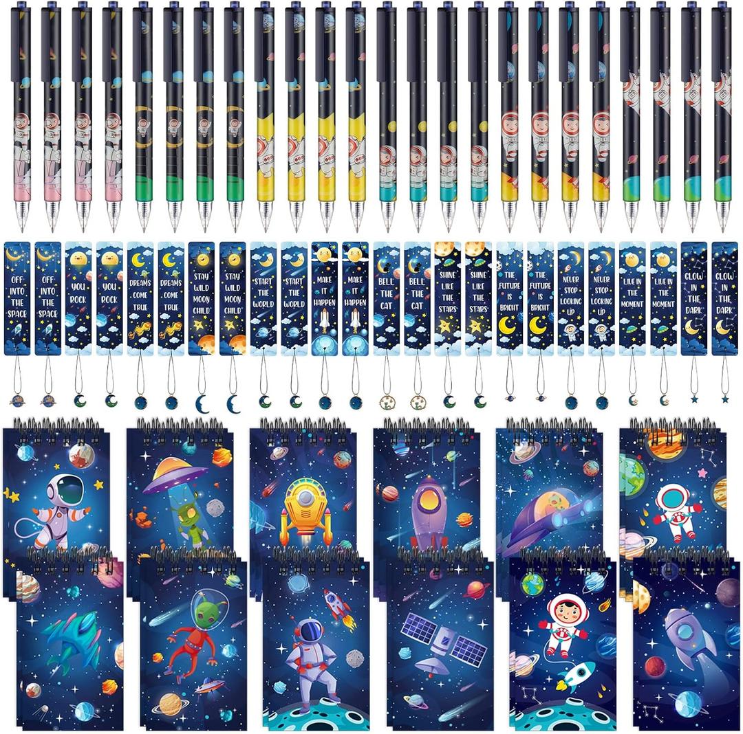 Panelee 72 Pcs Galaxy Space Birthday Party Favors Include Space Bookmarks with Charms Mini Galaxy Notepads for Kids and Planet Gel Ink Pen Solar System Birthday Party Supplies