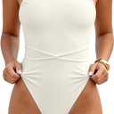 WODECASA Womens Sexy One Piece Swimsuit Halter Deep V Neck Side Drawstring High Cut Tummy Control Bathing Suit Monokini (White)