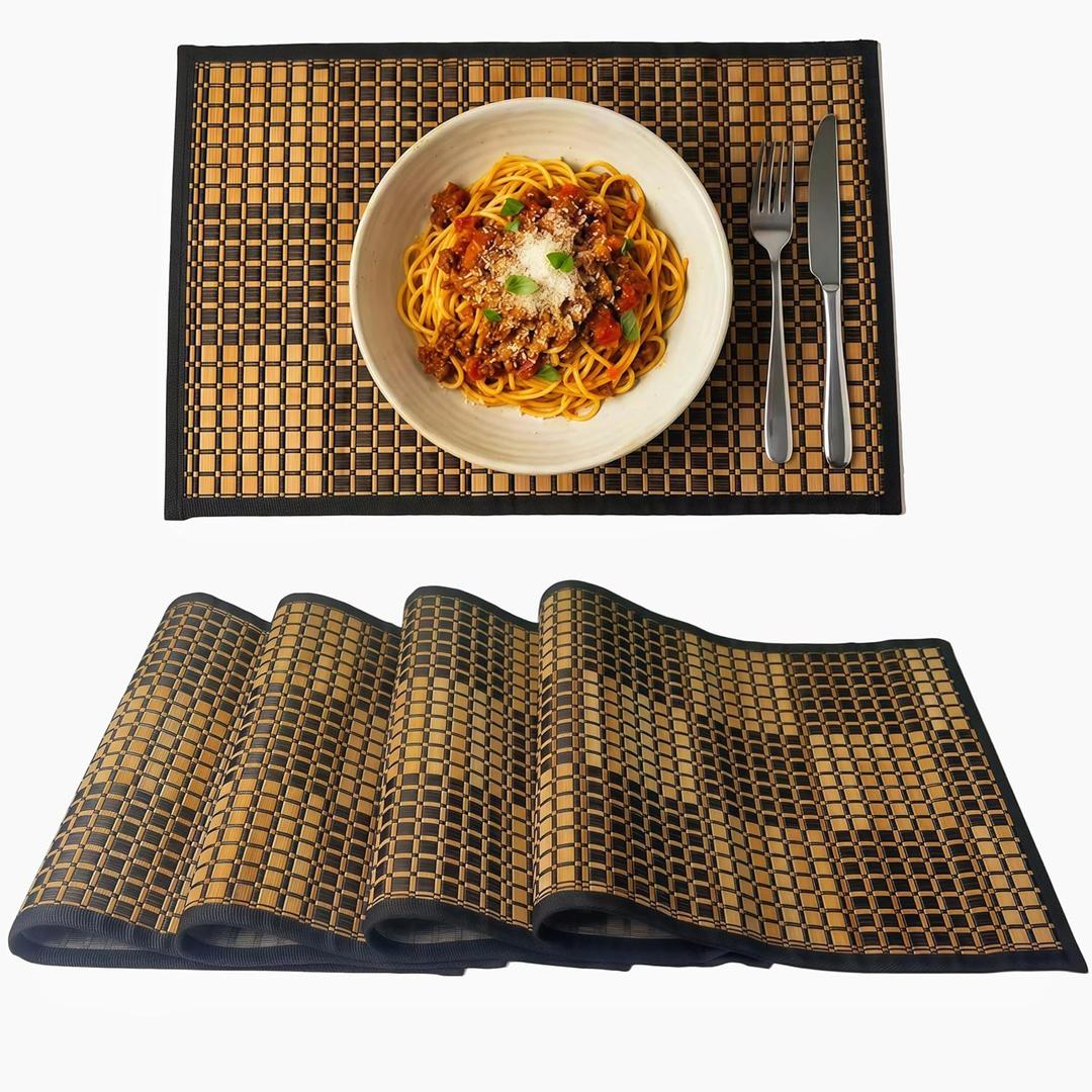 Table Mats Set of 4 Black Heat Resistant Bamboo Place Mats, Non-Slip Dining Table Decor for Indoor Outdoor Party
