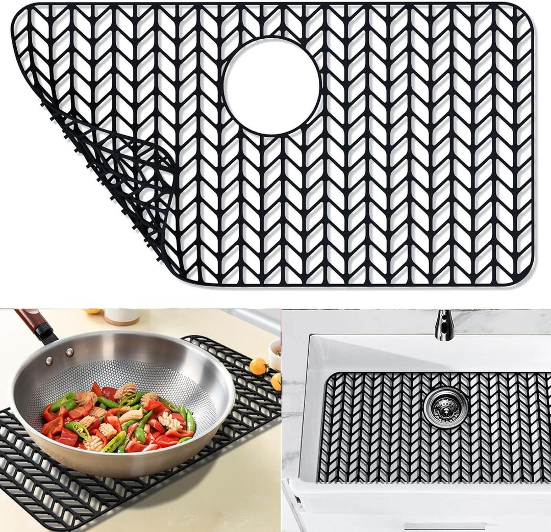 Sink Protectors for Kitchen Sink 26x14,Silicone kitchen sink mats protector for bottom of farmhouse sink(26"x 14"Rear Drain Black)