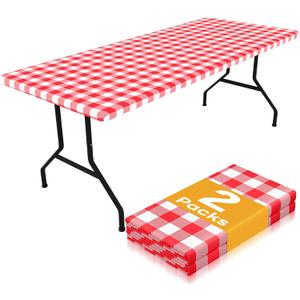 Smiry Picnic Table Cloth 2 Pack, Waterproof Elastic Fitted Tablecloths for 4FT Rectangle Tables, Washable Polyester Buffalo Plaid Tablecloth for Camping, Dining & Christmas(Red & White, 30" x 48")