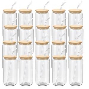 YOUKE OLA 20 Pack Glass Cups with Bamboo Lids and Glass Straw 16oz Beer Can Shaped Drinking Glasses Cups, Glass Tumbler Reusable Cute Cups for Whiskey, Iced Coffee, Tea, Soda, Cocktail, Gift, Clear