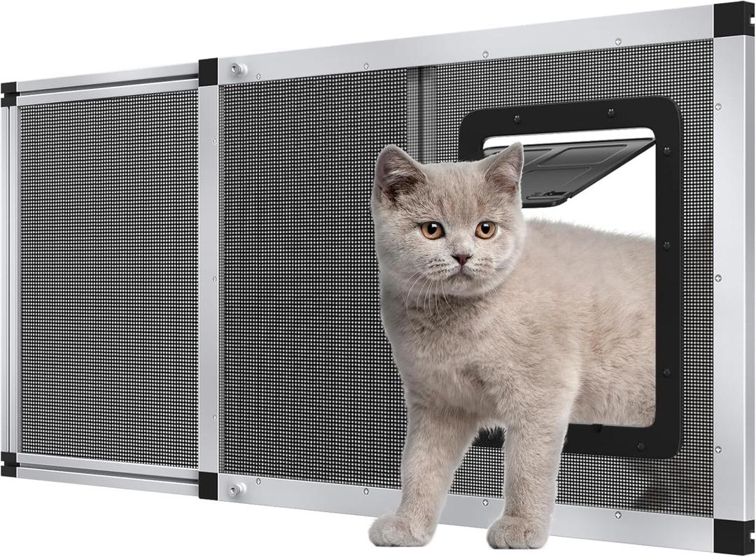 Adjustable Ventilated Pet Door for Window 36"-46" Wide, Silver Aluminum Frame + Stainless Steel Mesh | Breathable Bug-Proof | 4-Way Lock Magnetic Closure Cat Window Door,Cat Door for Window Insert (Door Open7.5"w8.9"h)