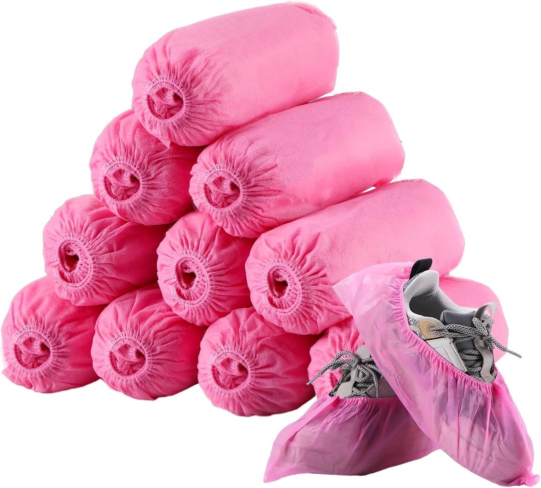 Tigeen 200 Pcs/ 100 Pairs Disposable Shoe Covers Non Woven Stretchable Boot Covers Non Slip Waterproof Shoe Protector for Women Men Fits Size 4-12 Booties Carpet Floor (Pink)