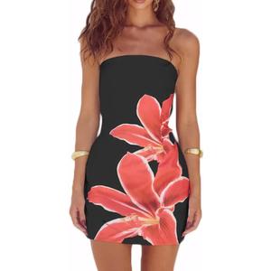 Women Sexy Strapless Floral Pattern Bodycon Tube Mini Dress Summer Skinny Sleeveless Backless Bandeau Tube Dress (Large, Black)