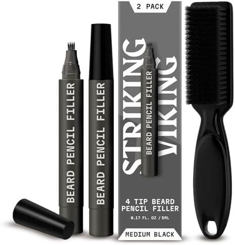 Striking Viking 2 Pack Beard Pencil Filler for Men with 4 Tips (Medium Black) - Fill, Shape & Define with this Long-Lasting, Waterproof Beard Pen Kit Including Brush