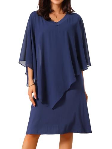 Seta T Women's Fall Dresses 3/4 Sleeve V Neck Chiffon Cape Overlay Knee Length Pencil Dress for Wedding Guest (X-Large, Dark Blue)