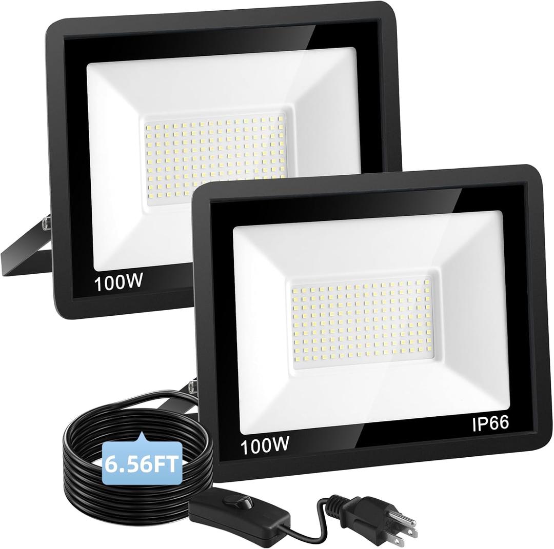 100W Flood Lights Outdoor,12000LM Bright LED Work Light,IP66 Waterproof Outdoor Lights with Switch and 6.5FT Plug,6500K Daylight White Outside Lights for YardGarage,Garden,Stadium(2 Pack)