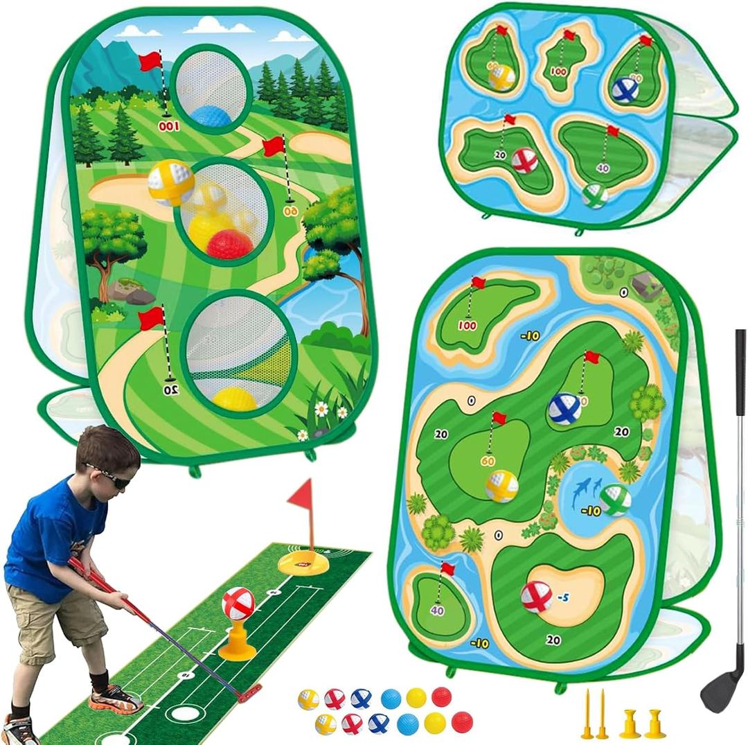 4-In-1 Kids Sticky Golf Games Set With Club, Golf Putting Practice Mat,3-Sided Golf Chipping Net, Multiple Game Modes, Golf Cornhole Board Set, Indoor & Outdoor Golf Practice For Kids & Adults