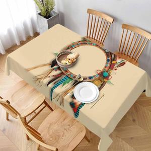 LoLo UoUo Brown Feather Arrow Catcher Rectangle Tablecloth 60x84 Inch Western Southwest Ethnic Turquoise Headwear Leaves Decorations for Kitchen Home Dinner Party
