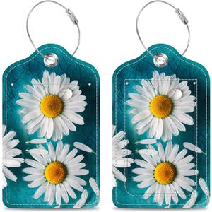 Daisies Floating in Turquoise Water Luggage Tags 2PCS PU Leather Suitcases Tag with Stainless Steel Loop and Privacy Name Address Cover Label Card for Women Men Travel