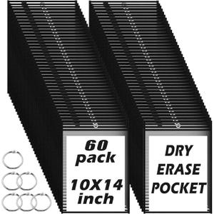 60 Packs Dry-Erase Pockets Bulk Oversized Reusable Dry Erase Pocket Sleeves with 4 Rings, 10x14 Black Ticket Holders, Clear Plastic Sheet Protectors, Teacher School Classroom Supplies