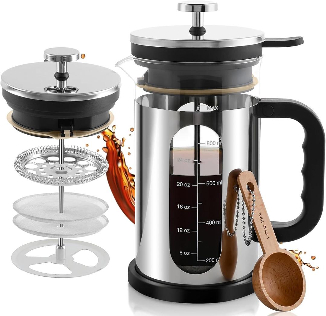 French Press Coffee Maker 34 oz, 1000ml Borosilicate Glass Stainless Steel Coffee Brewer with Reusable Filters Portable Coffee Press for Kitchen Travel Camping