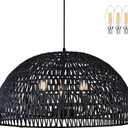 24" Black Woven Pendant Light Boho Chandelier Dome Rustic Farmhouse Chandelier Wicker Pendant Light Rattan Light Fixture for Dining Room Living Room Bedroom Kitchen Island Foyer(Bulb Incl)