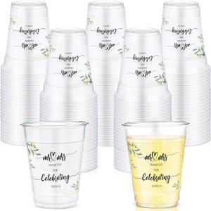 100 Pcs Mr and Mrs Cups 12 oz Plastic Wedding Cups Bulk Clear Engagement Disposable Drinking Glasses for Reception Supplies Bridal Shower Wedding Theme Party Decoration