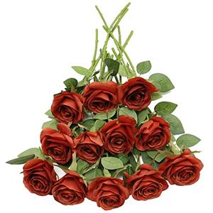 LVEFIT Artificial Rose Flower Artificial Flowers Flower with Long Stem Silk Roses Bouquet for Wedding Bridal Shower Party Home Decoration (Burnt Orange, 40 Pcs)