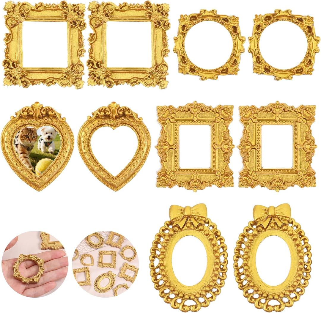 Mini Gold Frames, 1x1 Inch Vintage Resin Picture Frame Antique Photo Frames Oval Rectangle Wall Hanging Display Table Frame for DIY Jewelry Christmas Holiday Party Hotel Decor (2 Colors, 10)
