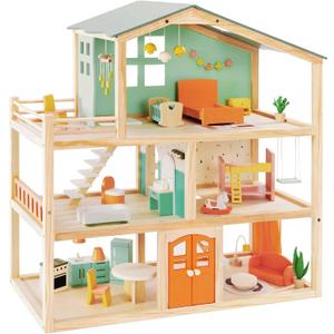 Large Wooden Dollhouse with 32 Pcs Furniture Accessories, 3-Story Doll House 5 Rooms Balcony Wooden Stairs, Ideal Dollhouse Playset Toy for Kids Ages 3+, 30" x 28" x 13" (Candy Color)