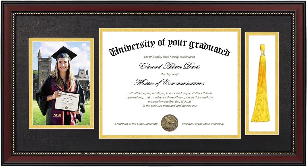upsimples 11x22 Diploma Frame with Tassel Holder for 8.5x11 Certificate and 5x7 Photo with Black over Gold Mat, High Definition Glass, Mahogany with Gold Beads, 1 Pack