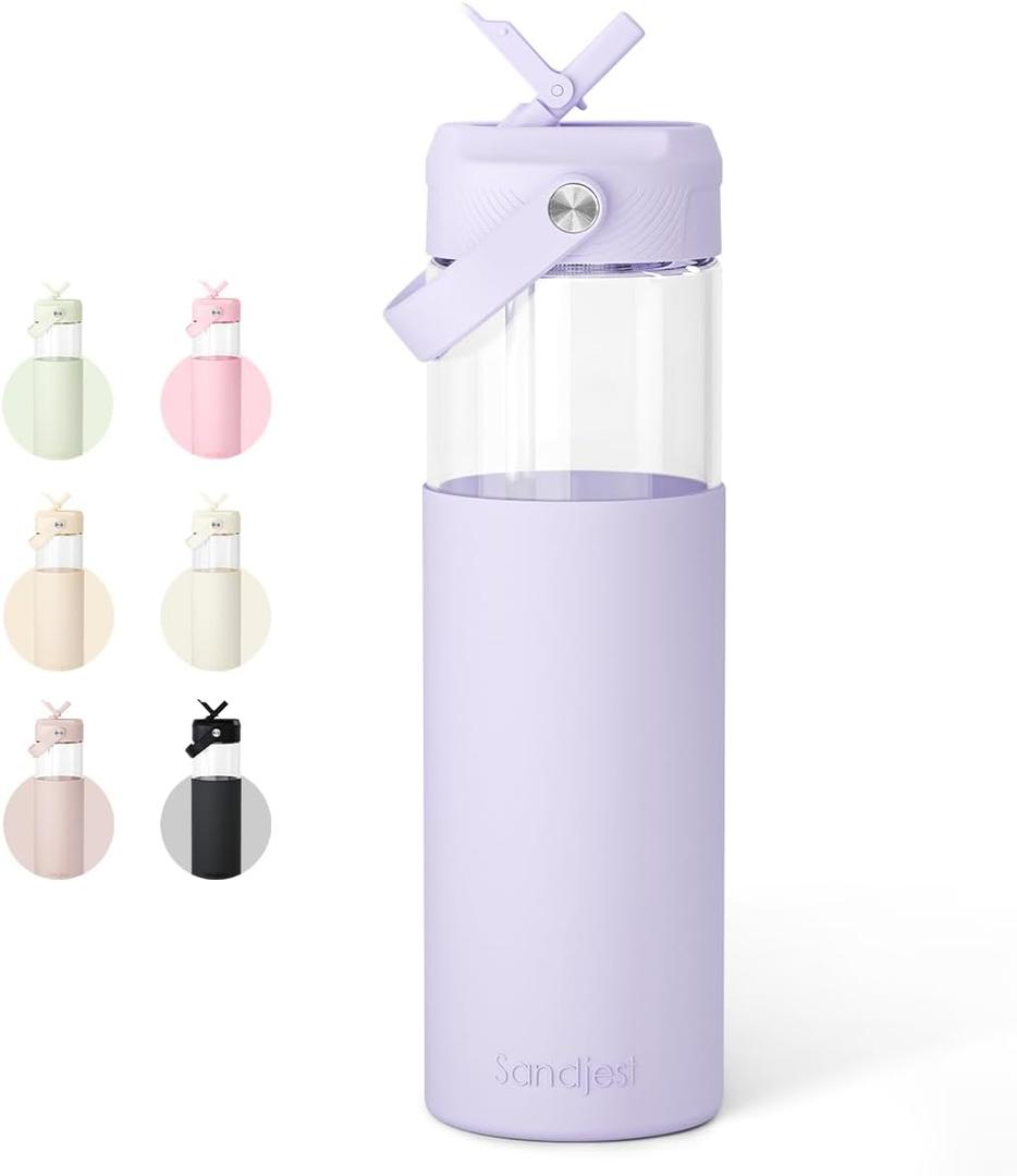 Glass Water Bottle with Silicone Sleeve and Straw Lid 20oz for Girls Women, Glass Drinking Bottles for Travel Home Gym Sports (Amethyst Whisper)