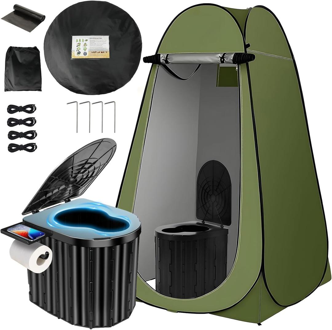 Clirass Camping Toilet with Pop Up Privacy Tent,Portable Outdoor Folding Potty,Shower Tent Dressing Room with Carry Bag for RV Travel,Truck,Beach,Fishing, 47.2" L x 47.2" W x 74.8" H