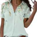 Short Sleeve Floral Tops for Women Summer Flower Printed V Neck Tshirts Button Down Tops Dressy Casual (Large, A-light Green)