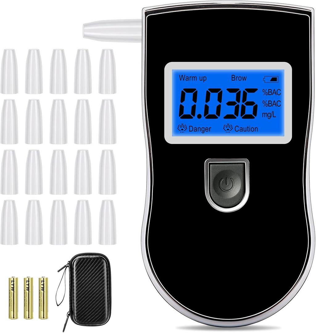 Alcohol Breathalyzer, Alcohol Breath Tester for Testing, Portable Alcohol Tester with 20 Mouthpieces & Digital Blue LCD Display for Personal Home Use