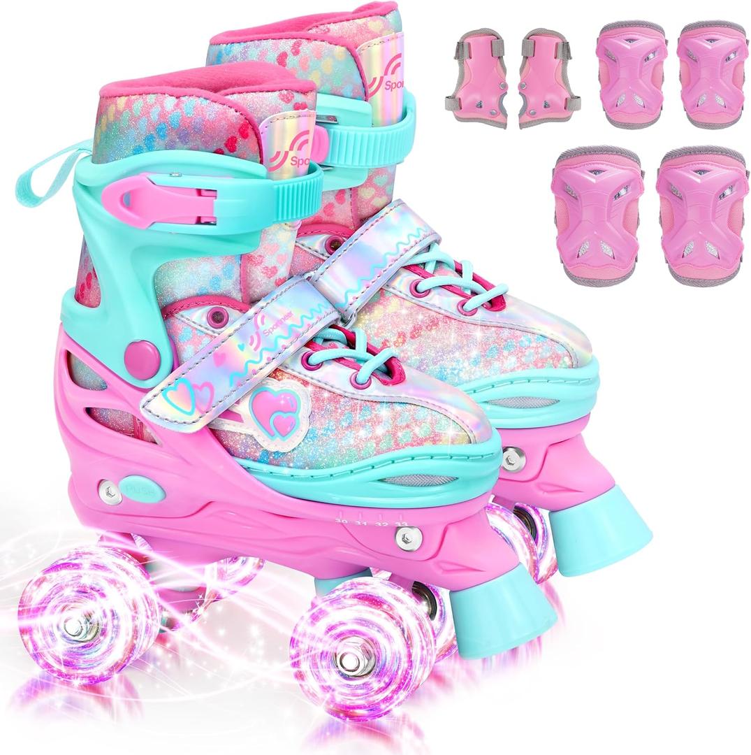 Sportneer Kids Roller Skates: 4 Size Adjustable Quad Skates with Light Up Wheels for 5-8, 8-12 Girls Boys Kids Toddlers Beginners, Birthday Gift with Protective Gear Set for Outdoor Indoor, XS
