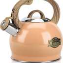 Tea Kettle Stovetop, 2.1 Quart Stove Top Whistling Tea Kettle, Teapot Kettles with Food Grade Stainless Steel and Wood Pattern Folding Handle, Suitable for All Heat Sources (Peachy)