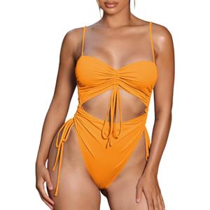 Viottiset Women's Cut Out Drawstring One Piece Swimsuit Cheeky High Cut Bathing Suit (X-Large, Vitality Orange)