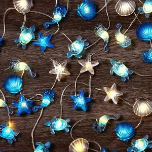 Zhanmai 2 Pcs Ocean Decor String Lights for Bedroom Nautical Theme Seashell Seahorse Conch 10ft 30 LED Battery Operated String Lights for Xmas Tree Ornaments Birthday Holiday Party Decor