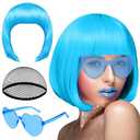 PLULON Sky Blue Bob Wig and Sunglass Set, Neon Short Bob Wig Sunglass Pack Costume Colorful Cosplay Wig Hairpieces for Bachelorette Neon Party Favors, Halloween Decorations