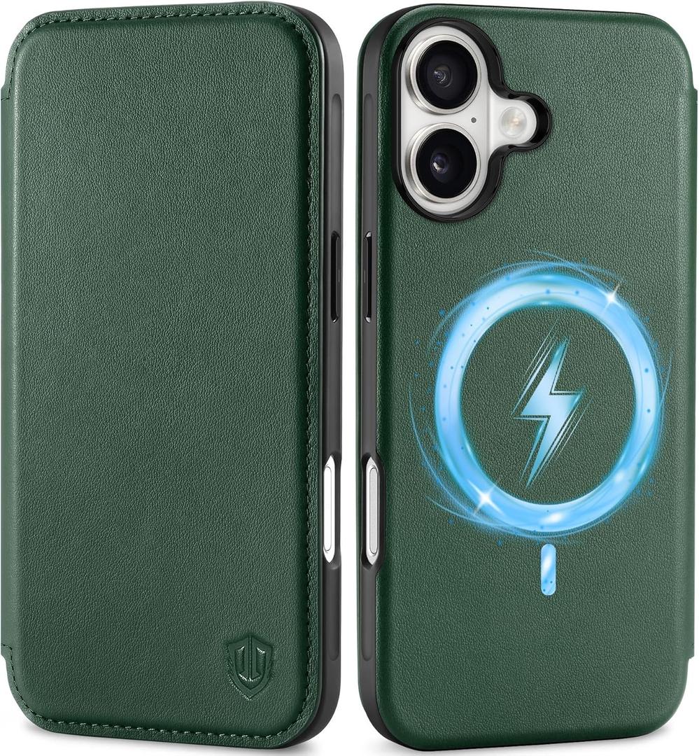 SHIELDON Genuine Leather Slim Wallet Case for iPhone 17 6.3" 5G 2025 | Wireless Charging, RFID Blocking Credit Card Holder, Flip Design, Magnetic Closure, Protective Phone Shell - Evergreen