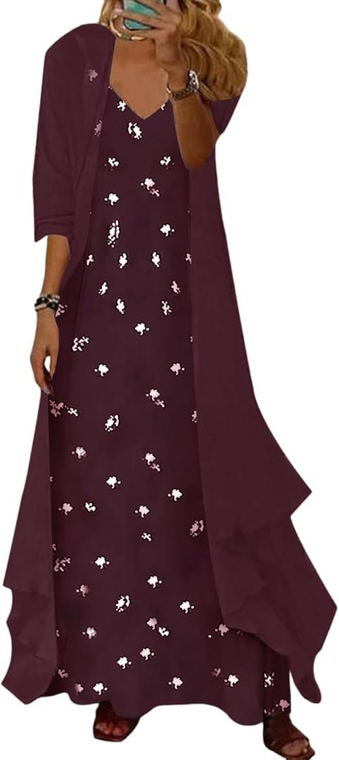 LOZ 2 Piece Dress Sets for Women Spaghetti Strap Dress with Sheer Cardigan, XL Burgundy 