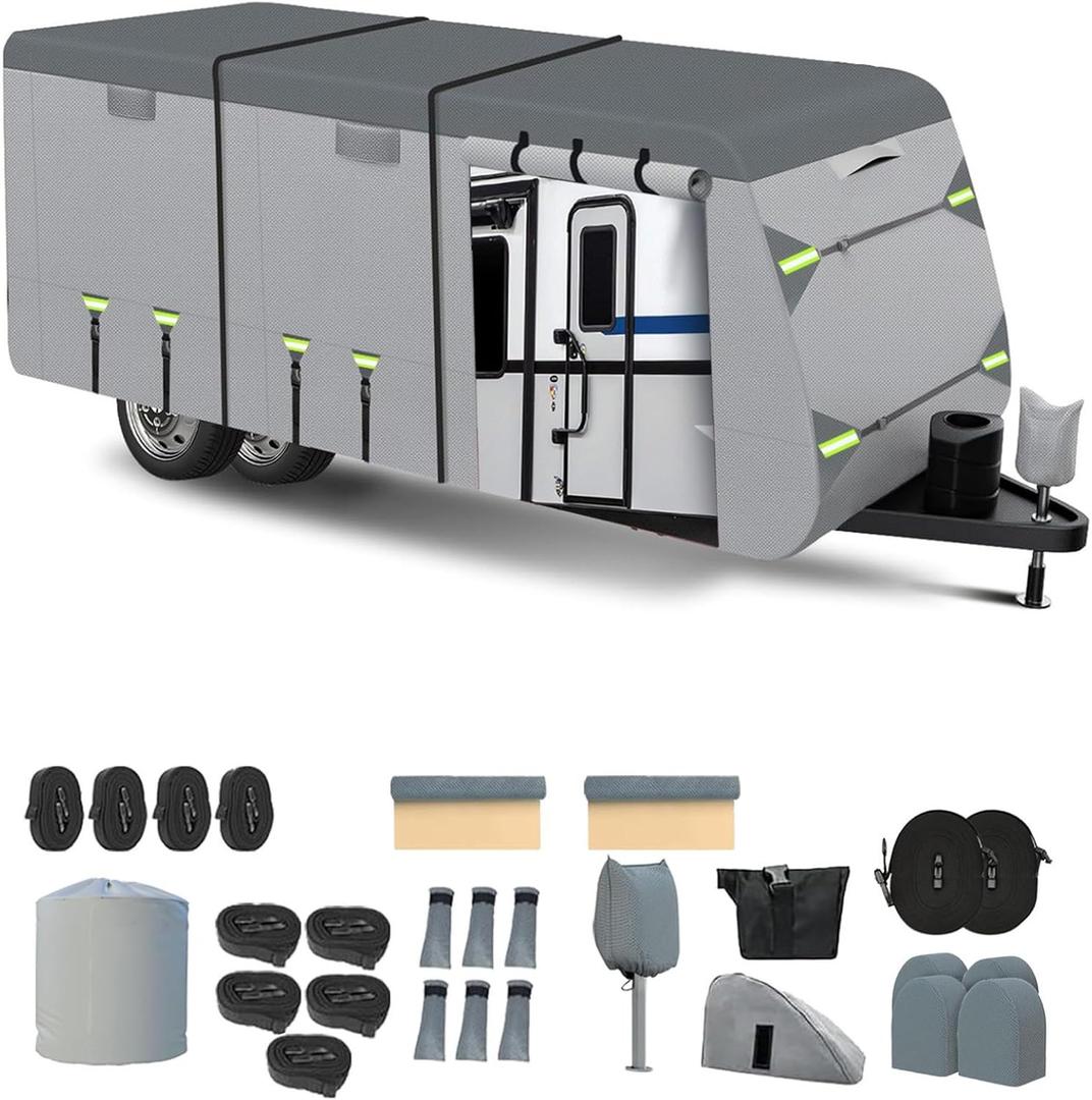 Windproof RV Cover for 33' -35' Travel Trailer Cover, Upgraded 8 Layers Top UV Resistant Motorhome Toy Hauler & Camper Cover with 4 Tire Cover & Tongue Jack Cover Extra Windproof Ropes