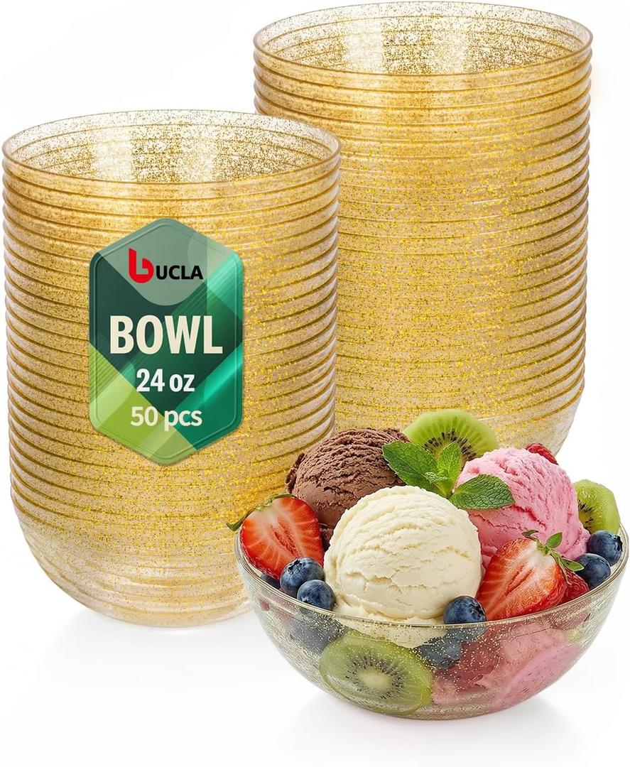 bUCLA 50Pack Gold Glitter Plastic Serving Bowls - 24oz Gold Disposable Dessert/Salad/Soup/Salad/Fruit/Cereal Bowls for Wedding & Party