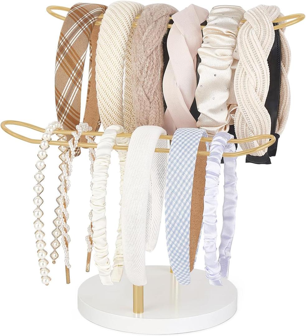 Dahey Headband Holder Organizer Metal 2-Tier Hair Hoop Display Stand Headband Organizer Storage Hair Ropes Accessories Bracelets Bangles Bedroom College Dorm Decor for Girls Women, Gold (2-Tier)