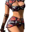 SOLY HUX Women's 4 Piece Cheongsam Costume Lingerie Set Dragon Print Qipao Cosplay Outfits (Multicoloured)