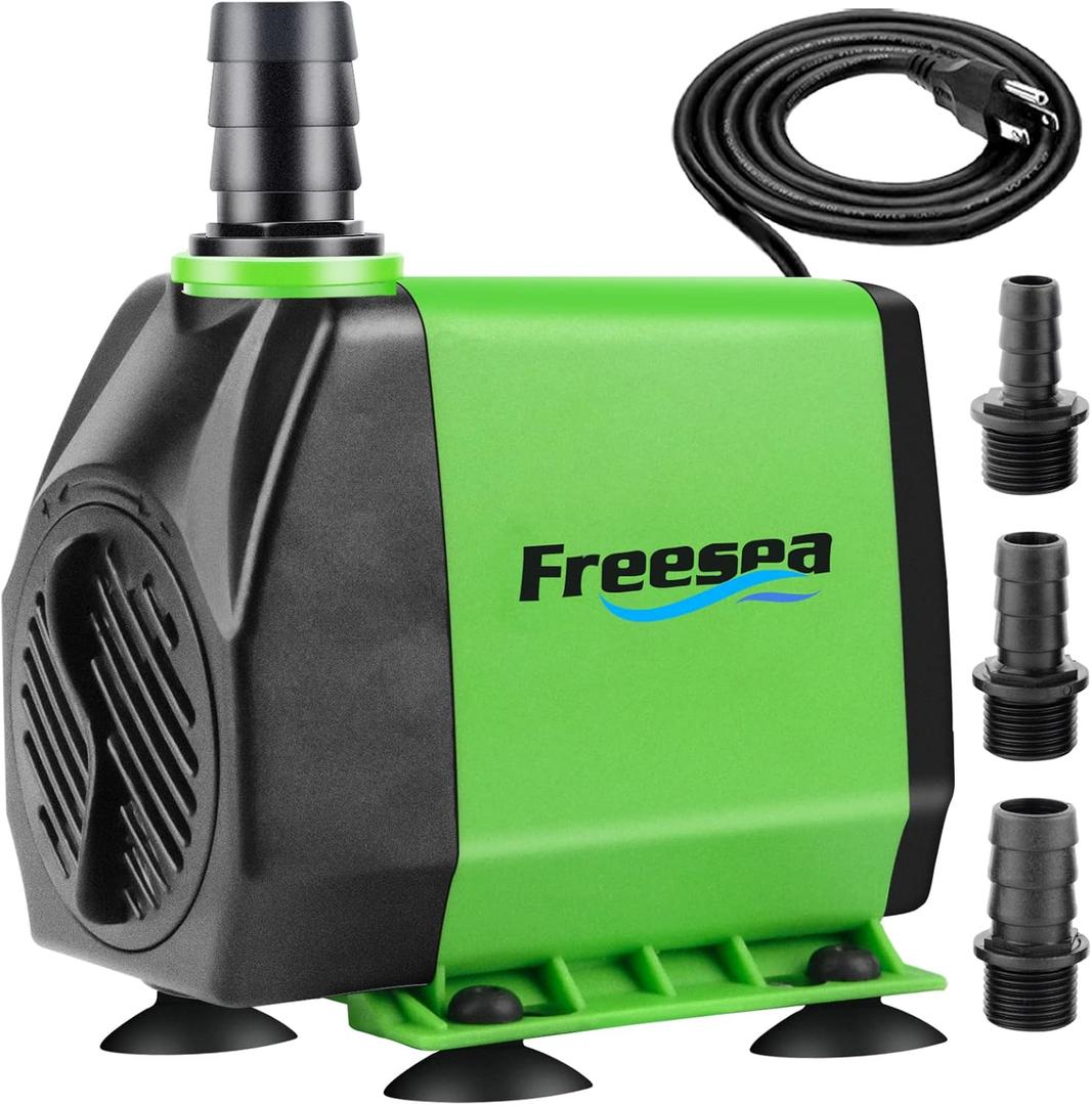 FREESEA Fountain Submersible Water Pump: 800GPH 45W Adjustable Ultra Quiet Aquarium Pump with 3 Nozzles 10ft High Lift for Small Pond | Fish tank | Waterfall | Outdoor | Hydroponics (Green)