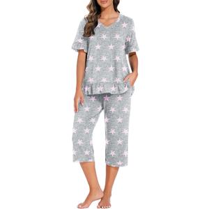 PrinStory Womens Pajama Set Short Sleeve Shirt and Capri Pants Sleepwear Pjs Set with Pockets (Gray, XXL)
