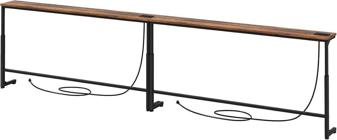 Kitstorack 102.3" Extra Long Behind Couch Table, Adjustable Height Narrow Console Table with 2 Power Strips, Split Design for Separate Wall Use, Anti-Scratch Tip, Rustic Brown for Living Room