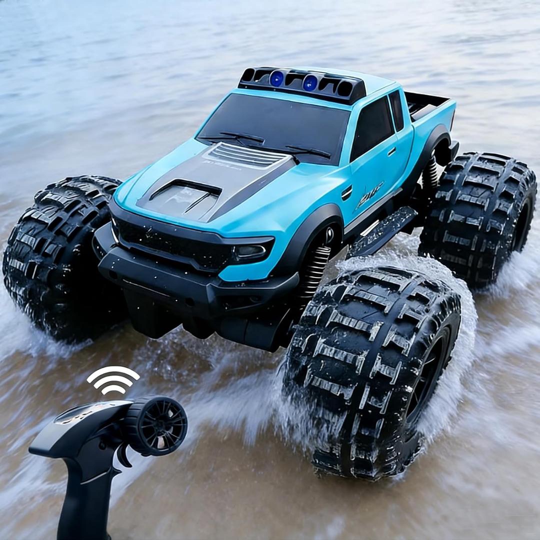 8816 1:12 Amphibious Remote Control Car with Full Proportional Steering-Fully Waterproof All Terrain RC Monster Truck for Kids 6-12+, 7.4V 4WD 2.4Ghz 60+ Min Dual Battery Blue