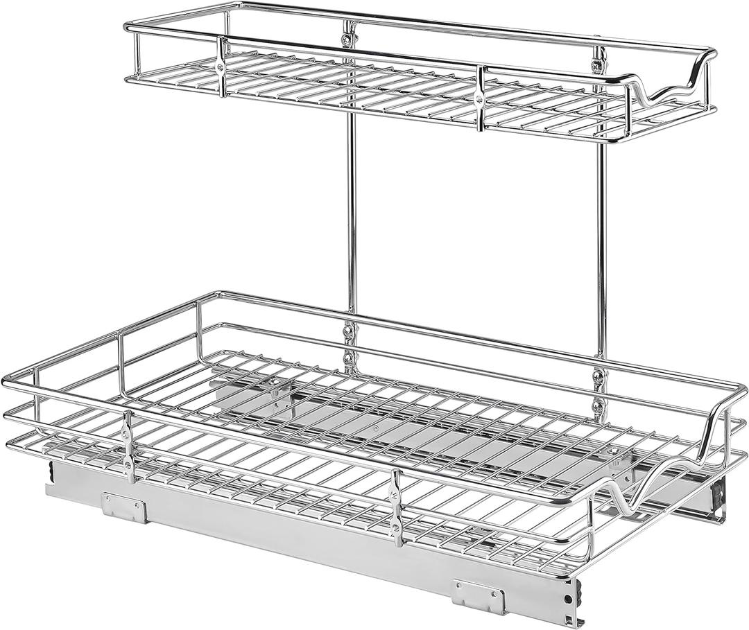 HOLDN STORAGE Two Tier Under Sink Organizers and Storage - Slide Out Cabinet Organizer w/Sliding Drawers for Cabinets 11" Wx21 Dx15H Chrome, Requires 12-1/2 Opening